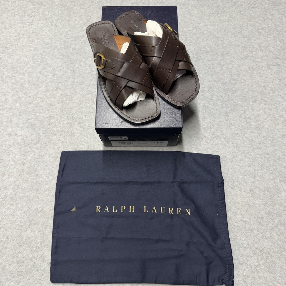Ralph Lauren Purple Label Stirrup Burnished Calfskin Sandals Mens 8.5 Brown